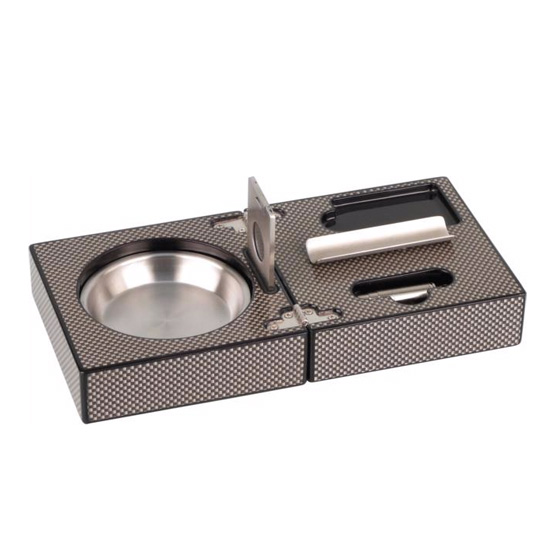 Folding Cigar Ashtray & Cutter - Carbon Fiber Effect Finish